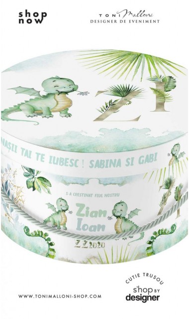 Cutie trusou cu dragonel personalizata in nuante de verde ideala pentru botez 2